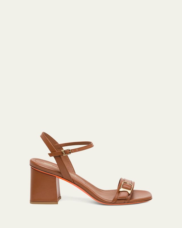 Calyso Leather Buckle Block-Heel Sandals